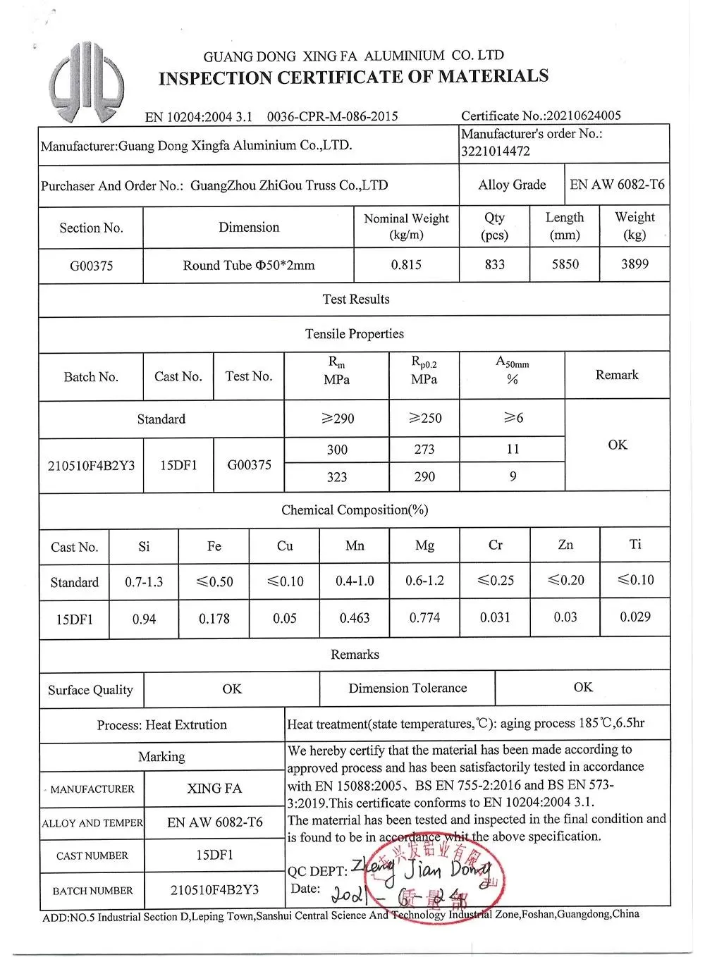 Inspection Certificate of Materials
