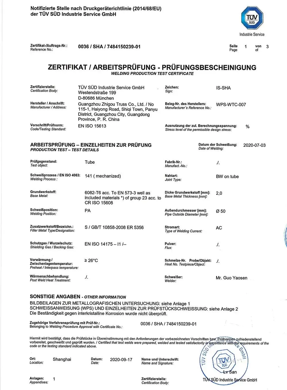 Welding Production Test Certificate